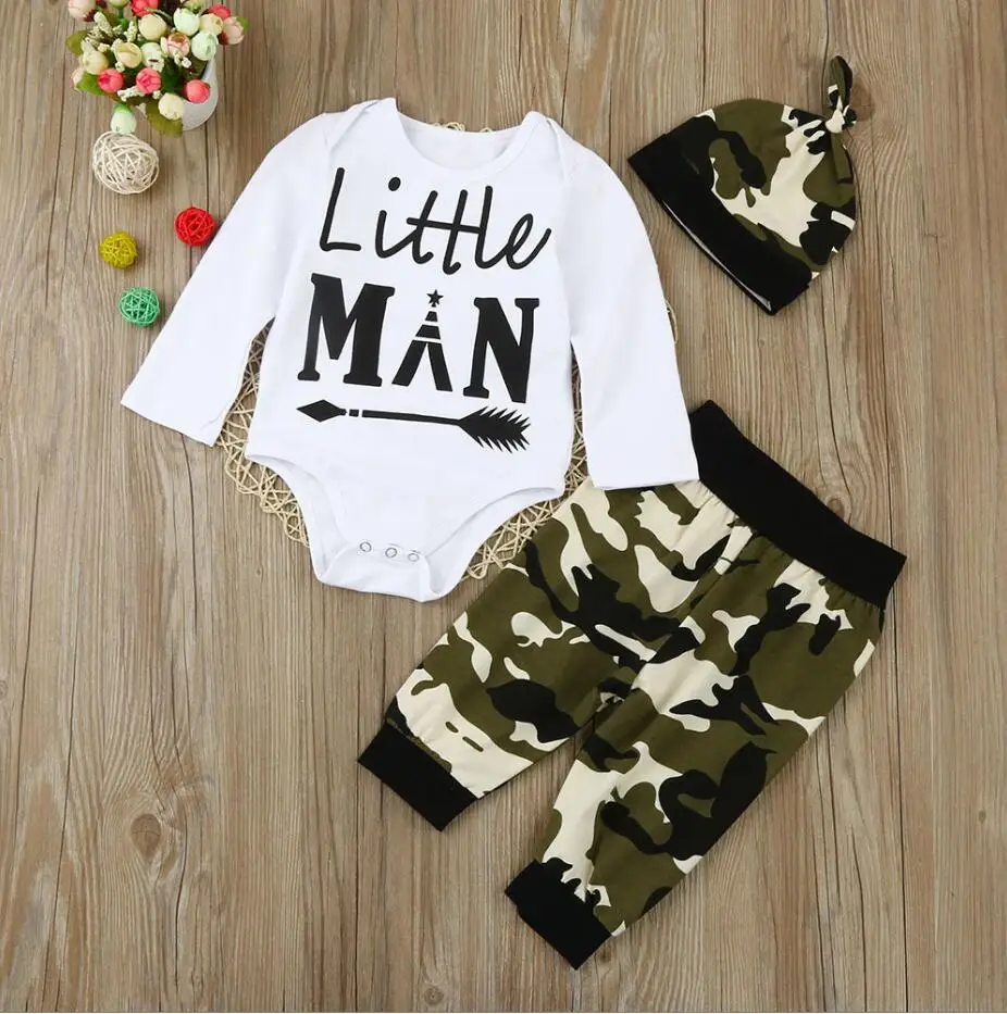 3Pcs Newborn Baby Kids Boys Romper Camouflage Print Pant Hat Clothes Outfits Set