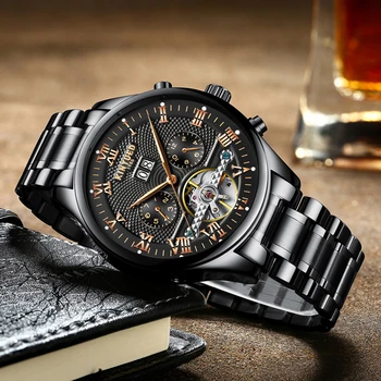 KINYUED Mechanical Stainless Steel Mens Watches Automatic Black Silver Male Watch Fashion Skeleton Tourbillon Calendar Clodck
KINYUED Mechanical Stainless Steel Mens Watches Automatic Black Silver Male Watch Fashion Skeleton Tourbillon Calendar Clodck