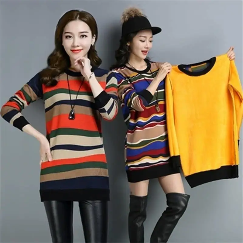 Plus velvet bottoming sweater female thickening wild long sleeve winter new fashion knit slim striped sweater
Plus velvet bottoming sweater female thickening wild long sleeve winter new fashion knit slim striped sweater