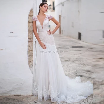 Mermaid Wedding Dresses Deep V Neck Cap Sleeves Lace Appliques Wedding Bridal Gown Court Train Vestido De Noiva Plus Size
Mermaid Wedding Dresses Deep V Neck Cap Sleeves Lace Appliques Wedding Bridal Gown Court Train Vestido De Noiva Plus Size