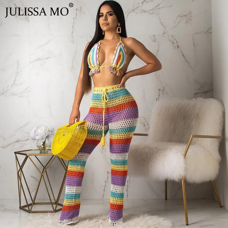 JULISSA MO Knitted Striped Two Piece Suit Sexy Halter Backless Jumpsuit Women Rompers 2019 Summer Tassel Beach Club Outfits
JULISSA MO Knitted Striped Two Piece Suit Sexy Halter Backless Jumpsuit Women Rompers 2019 Summer Tassel Beach Club Outfits