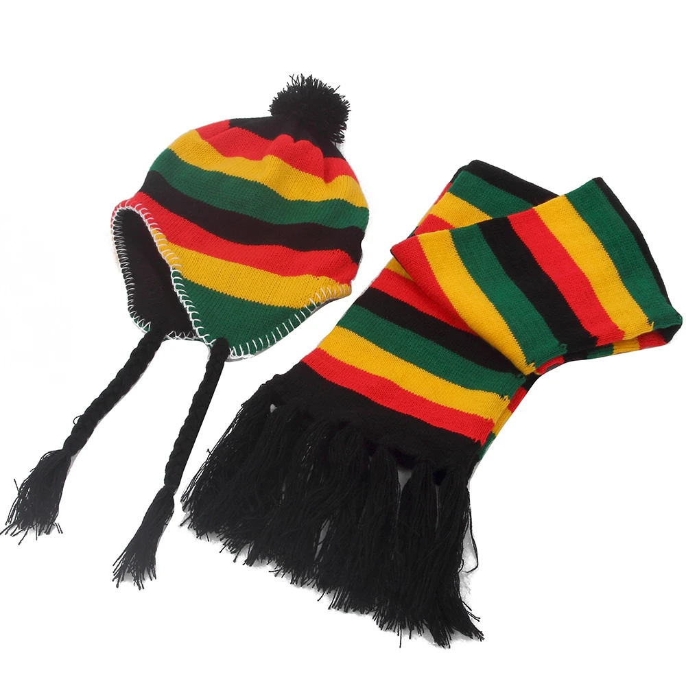 Younger Boys Girls Rainbow Striped Winter Pom Pom Beanie Hat Scarf Gloves Set