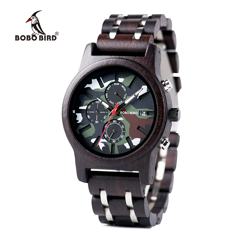 BOBO BIRD Military Men Watch Chronograph Wristwatch Wood Camouflage Dial Metal Wooden Band Relogio Masculino J-R17
BOBO BIRD Military Men Watch Chronograph Wristwatch Wood Camouflage Dial Metal Wooden Band Relogio Masculino J-R17