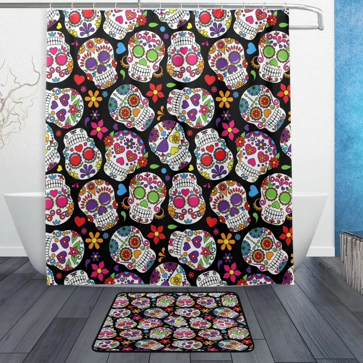 Day of Dead Colorful Flower Sugar Skull Waterproof Polyester Fabric Shower Curtain with Hooks Doormat Bath Floor Mat Bathroom
Day of Dead Colorful Flower Sugar Skull Waterproof Polyester Fabric Shower Curtain with Hooks Doormat Bath Floor Mat Bathroom
