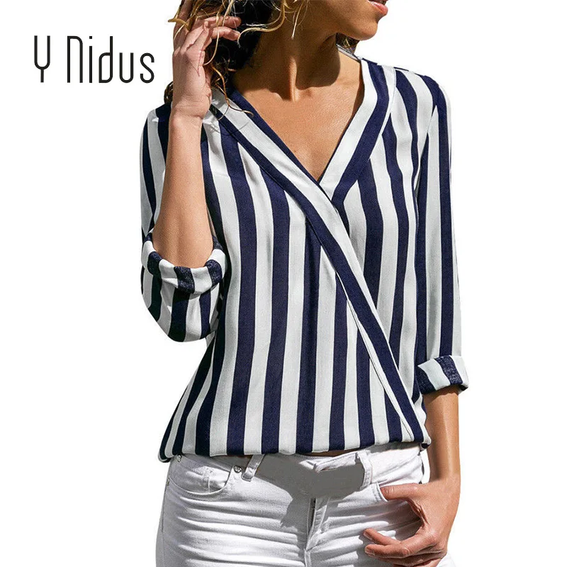 Women's Shirt Chiffon Autumn Striped Blouse 2018 Female Casual Long Sleeve Deep V Neck Cross Irregular Hem Tops blusas feminina
Women's Shirt Chiffon Autumn Striped Blouse 2018 Female Casual Long Sleeve Deep V Neck Cross Irregular Hem Tops blusas feminina