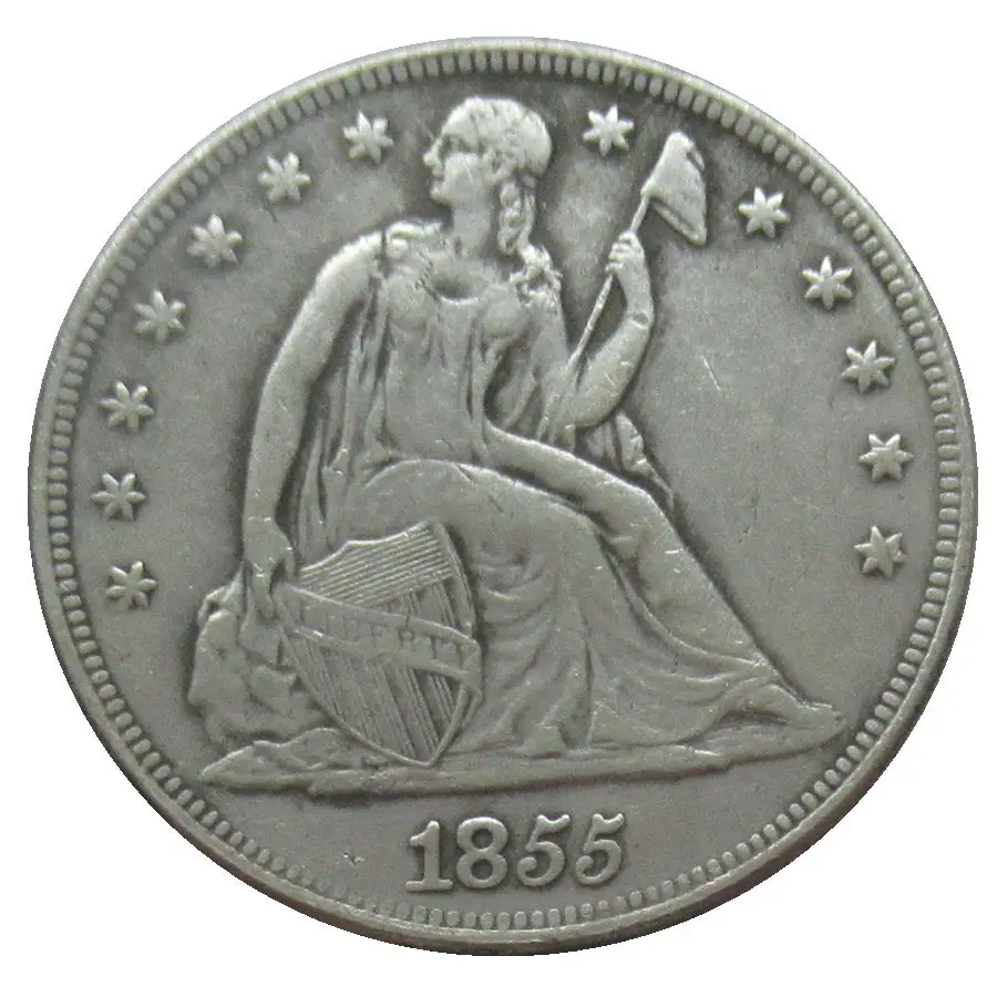 Seated Liberty Dollar 1855 Silver-Plated Non-Magnetic USA Coins Copy Accept Custom Coin 
Seated Liberty Dollar 1855 Silver-Plated Non-Magnetic USA Coins Copy Accept Custom Coin