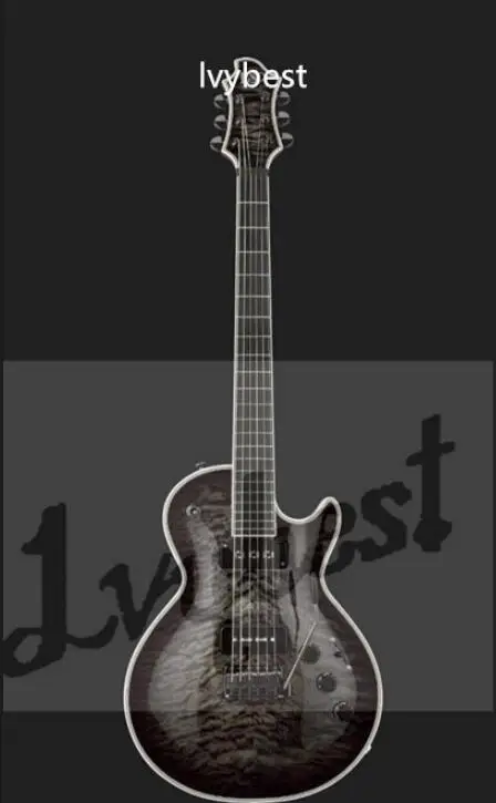 Customized body and headstock shape! 6 string electric guitar,no inlay on ebony fingerboard,quilt flame body top,see thru black!
Customized body and headstock shape! 6 string electric guitar,no inlay on ebony fingerboard,quilt flame body top,see thru black!