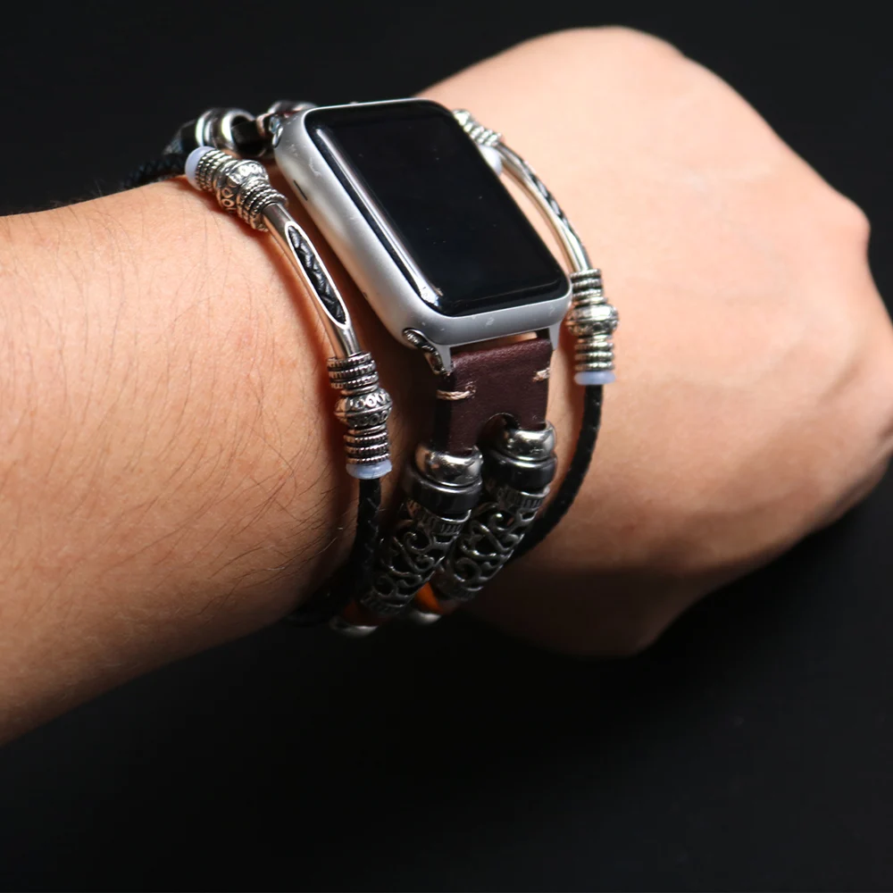 Handmade Apple Watch Band Made Ethnic Vintage Bead With Leather Retro Punk Style Bracelet 44Mm/ 40Mm/ 42Mm/ 38Mm Fits Apple Watch Series 1 2