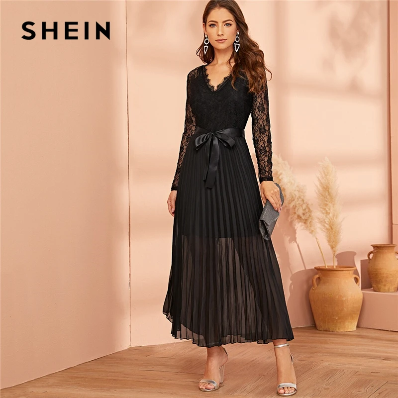 

SHEIN Black Lace Panel Plisse Hem Belted Pleated Sheer Dress Women Autumn V-neck Fit and Flare High Waist Party Long Dresses