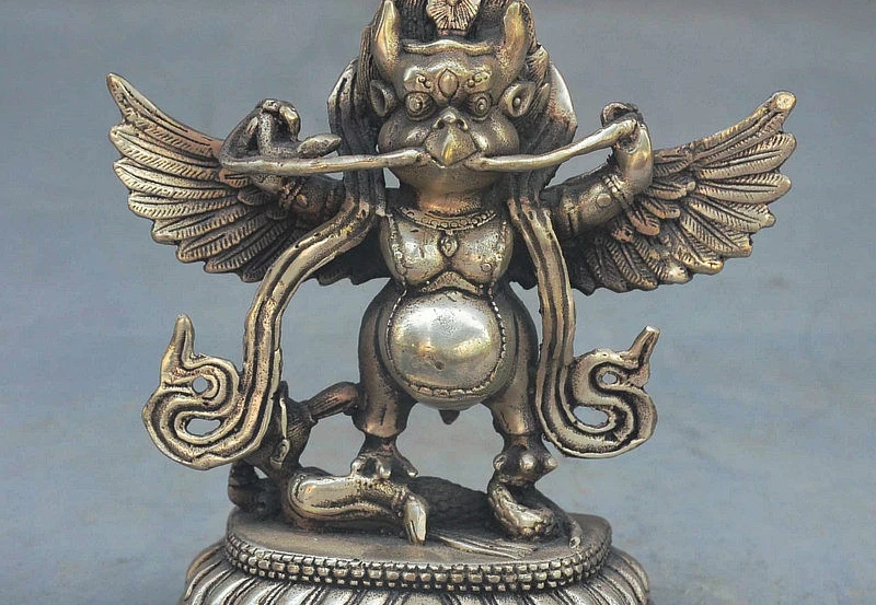 5" Tibet Buddism Temple Silver Redpoll Winged Garuda Bird Eagle Buddha Statue
