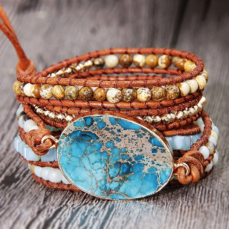 Women Men Leather Bracelet Natural Ocean Stone Charm Gilded Beaded 5-Strand Wrap Handmade Boho Ethnic Beach Dropshipping
Women Men Leather Bracelet Natural Ocean Stone Charm Gilded Beaded 5-Strand Wrap Handmade Boho Ethnic Beach Dropshipping