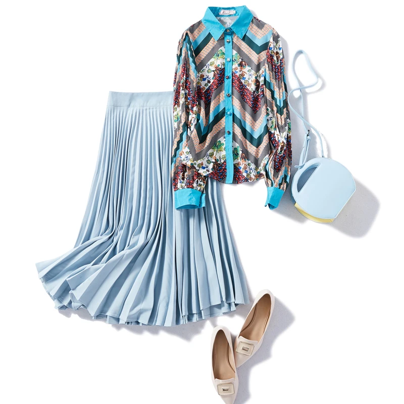 Spring Summer Vintage Two Piece Set Dress 2019 Female Retro Print Blouse+Half Long Chiffon Pleated Skirt Maxi Vestidos Skirt Set
Spring Summer Vintage Two Piece Set Dress 2019 Female Retro Print Blouse+Half Long Chiffon Pleated Skirt Maxi Vestidos Skirt Set