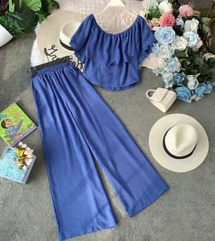 Women Slash Neck Ruffle Solid Color Short Crop Tops + Elastic High Waist Wide Leg Pants Two Piece Sets H379
Women Slash Neck Ruffle Solid Color Short Crop Tops + Elastic High Waist Wide Leg Pants Two Piece Sets H379