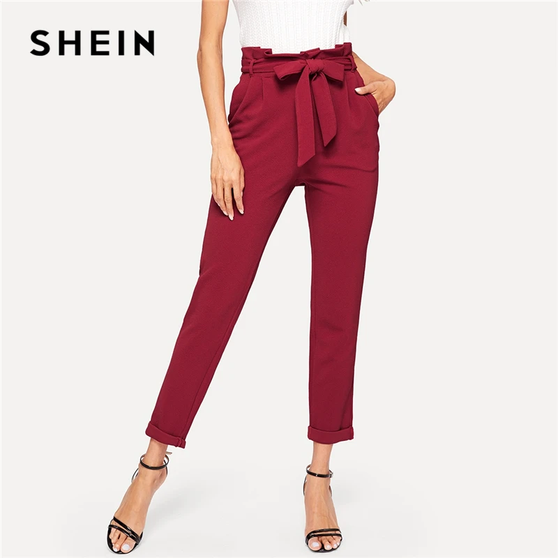 

SHEIN Burgundy Paperbag Waist Textured Pants Women Belted Trousers Office Lady 2019 Spring Elegant Workwear Solid Pencil Pants