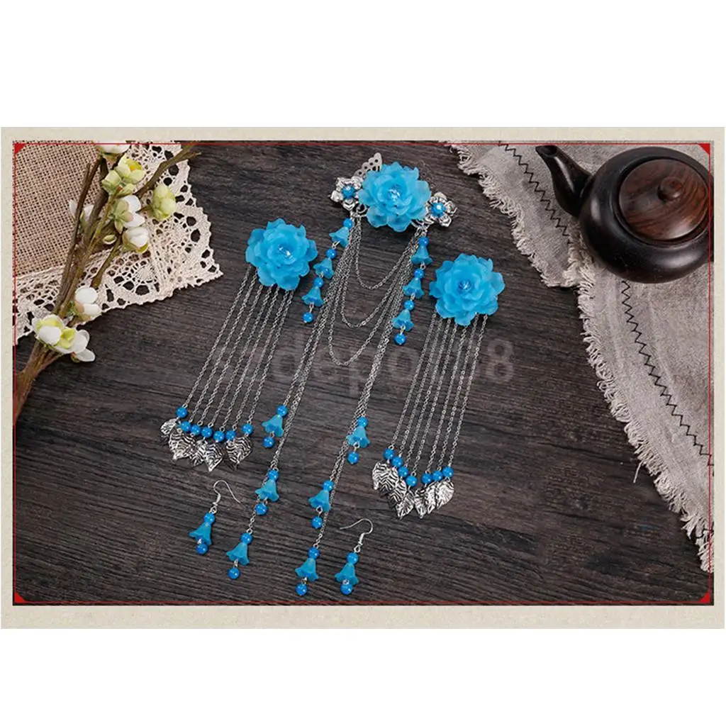 3 Pieces Costume Classic Flower Hair Clip Tassel Hair Barrette for Hanfu COS Hair Ornaments