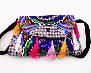 Hmong Tribal Ethnic Thai Indian Boho shoulder bag messenger embroidery pom charm trim SYS-370G 
Hmong Tribal Ethnic Thai Indian Boho shoulder bag messenger embroidery pom charm trim SYS-370G