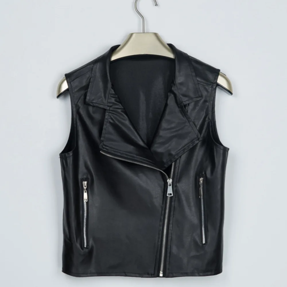 Image New Arrival European Women Leather Vest,Turndown Collar  Sleeveless Motorcycle Vest Short WaistCoat,Female Outwear with Zipper