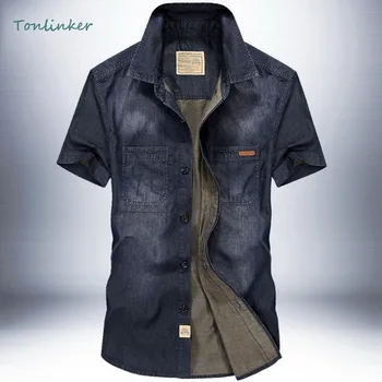 Tonlinker 2018 Summer Jeep Denim Shirt Short Sleeved Pure Cotton Shirt Big Size Classic Vintage Loose Shirt 
Tonlinker 2018 Summer Jeep Denim Shirt Short Sleeved Pure Cotton Shirt Big Size Classic Vintage Loose Shirt