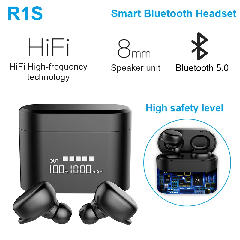 

R1S Smart Bluetooth 5.0 Headset Wireless Sports Headphones Noise Cancelling Headset and 1000Mah charging box Headsets earbuds