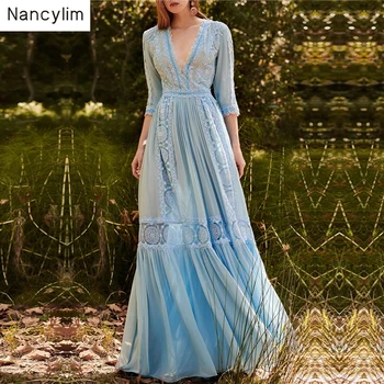 Floor-length Dress Woman Summer Hollow Lace Stitching V Neck Half Sleeve Blue Dress Lady Party Vestidos Female Dresses Nancylim
Floor-length Dress Woman Summer Hollow Lace Stitching V Neck Half Sleeve Blue Dress Lady Party Vestidos Female Dresses Nancylim