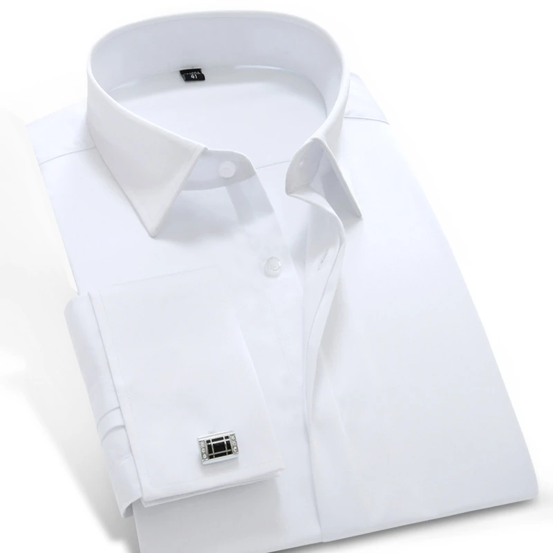Image 2016 Mens Long Sleeve White solid Poplin Dress Shirt with French Cuffs 100% Cotton Soft Slim fit Tuxedo Shirt(Cufflink Included)