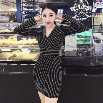 

Robe Dress Lanon Top Fashion Polyester Plus Size 2018 And Hot Drilling Collar Cuff Zipper V Shine Colorful Long Sleeved Slim
