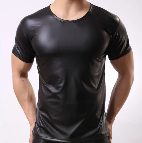 Мужская футболка из искусственной кожи с круглым вырезом и коротким рукавом