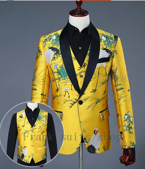2023 Mens Chinese Style Gold Yellow Grus Japonensis Print Wedding Slim Fit Shawl Lapel Tuxedos (jacket+pants+vest)
2023 Mens Chinese Style Gold Yellow Grus Japonensis Print Wedding Slim Fit Shawl Lapel Tuxedos (jacket+pants+vest)