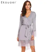 Ekouaer Women Sleepwear Robe Sexy Night Robes Long Sleeve Lace Patchwork Dressing Gown Kimono Robe Nightgown Female Nightwear image