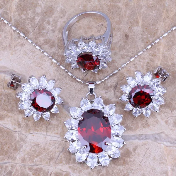 Red Garnet White CZ Silver Jewelry Sets Earrings Pendant Ring For Women Size 6 / 7 / 8 / 9 / 10 S0059
Red Garnet White CZ Silver Jewelry Sets Earrings Pendant Ring For Women Size 6 / 7 / 8 / 9 / 10 S0059
