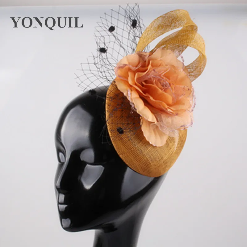 

New Arrival High Quality Gold Women's Pretty Sinamay Fascinators Hats Headbands Cocktail Wedding Church Headpiece With Flower