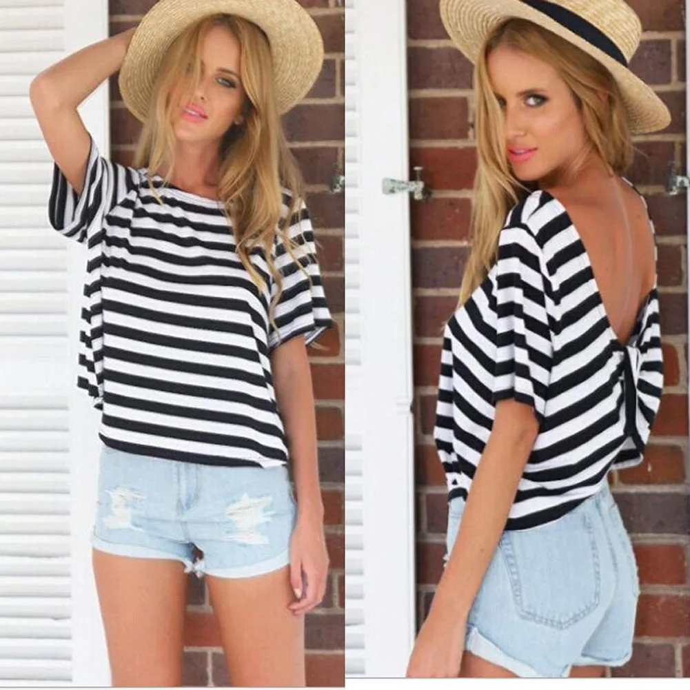 Hot Sales Summer Newly Fashion Women's European Style Sexy Back Cross Backless Short Sleeve Striped T-shirt HD88
Hot Sales Summer Newly Fashion Women's European Style Sexy Back Cross Backless Short Sleeve Striped T-shirt HD88