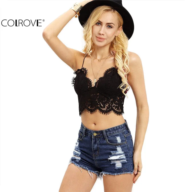 COLROVE Women's Hollow-Out Sleeveless Crochet Crop Top w/ Lace Insert Black