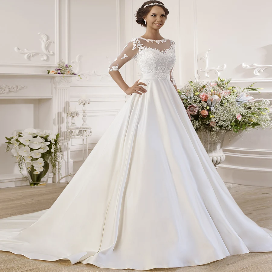 Gorgeous Half Sleeves Satin Ball Gown Wedding Dresses with See-through Back Lace Applique Wedding Dress Vestido De Noiva
Gorgeous Half Sleeves Satin Ball Gown Wedding Dresses with See-through Back Lace Applique Wedding Dress Vestido De Noiva