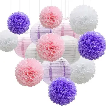 

15pcs Mermaid Party Decor Pink Purple White Paper Flowers Pom Poms Balls and Paper Lanterns for Wedding Bridal Baby Shower Decor