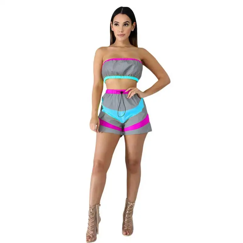 Contrast Color Fashion Woman Two Pieces Suit Hot Sexy Off Shoulder Strapless Crop Top Mini Short Pants Windbreaker Style | Женская