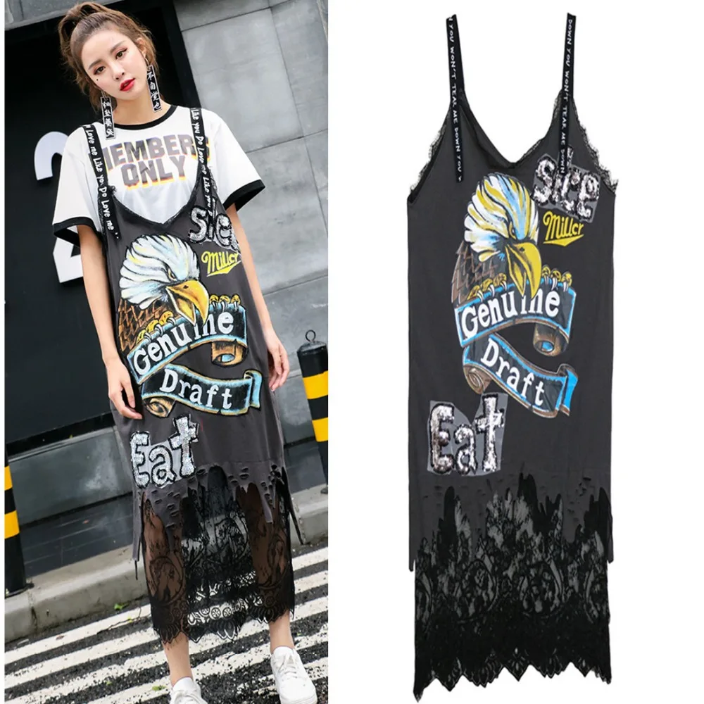 Summer Women Long Dress Cool Eagle Letters Sequins Casual Spaghetti Strap Lace Dresses Street Unique Hot Female Dress NS789
Summer Women Long Dress Cool Eagle Letters Sequins Casual Spaghetti Strap Lace Dresses Street Unique Hot Female Dress NS789