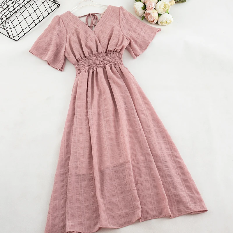 Women Summer V-Neck Short Sleeve Pleated Dress New Casual Lace Up Bandage Elastic Slim High Waist Chiffon Pullover Ruffles Dress
Women Summer V-Neck Short Sleeve Pleated Dress New Casual Lace Up Bandage Elastic Slim High Waist Chiffon Pullover Ruffles Dress