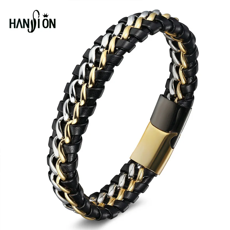 Brand HANSION Jewelry Men's Bracelets Black Leather Cord Braided Stainless Steel Bracelet For Men Jewelry
Brand HANSION Jewelry Men's Bracelets Black Leather Cord Braided Stainless Steel Bracelet For Men Jewelry