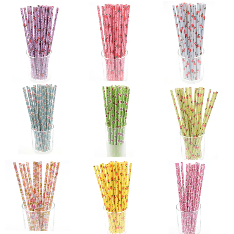 50pcs/lot Rose Paper Straws Vintage Retro Floral  Straws Xmas Wedding Party Decoration