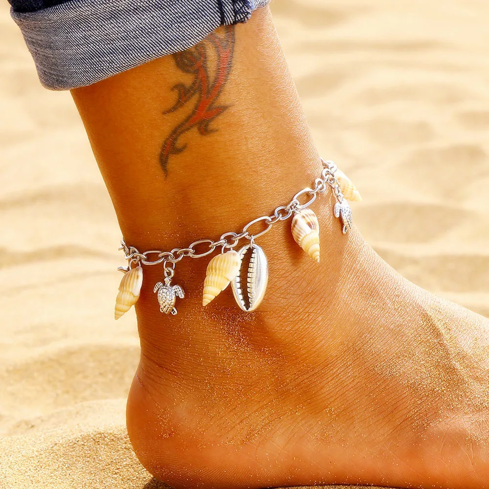 

IFMIA Boho Sea Turtle Shell Pendant Anklet for Women Vintage Bohemia Conch Charm Beach Ankle Bracelet on Leg Summer Foot Jewelry