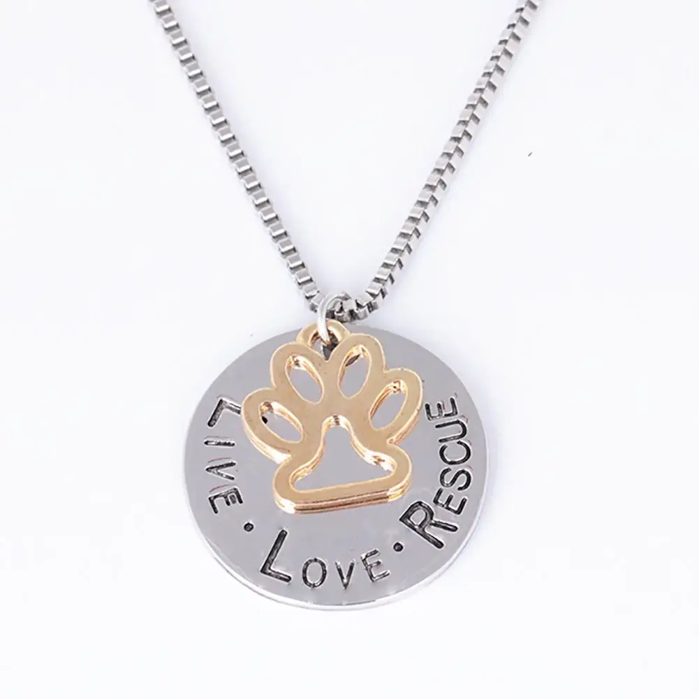 

Lettering LIVE LOVE RESCUE Hollow Gold Paw Claw Pendant Necklace Angel Pet Simple Jewelry Special Gift Adopt Dog Lovers