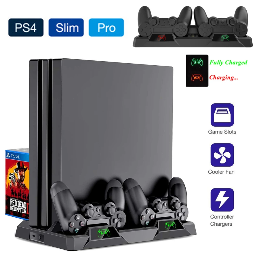 PS4/Slim/Pro Console Stand Cooling Fan Controller Charger Fast Charging Dock Games Dics Storage Play Station 4 PS 4 Accessories
PS4/Slim/Pro Console Stand Cooling Fan Controller Charger Fast Charging Dock Games Dics Storage Play Station 4 PS 4 Accessories