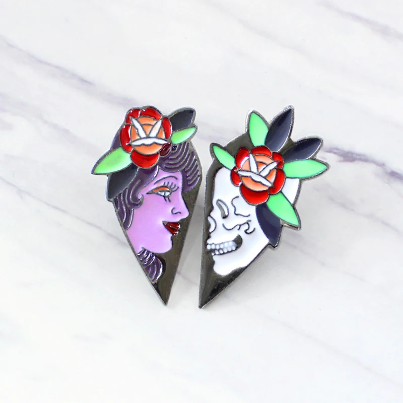 Love Heart 2 petals Flower Lady Skull Black Brooch Queen and Skeleton Lovers Enamel Pin Leather Punk Badge Couple Friends Gifts
Love Heart 2 petals Flower Lady Skull Black Brooch Queen and Skeleton Lovers Enamel Pin Leather Punk Badge Couple Friends Gifts