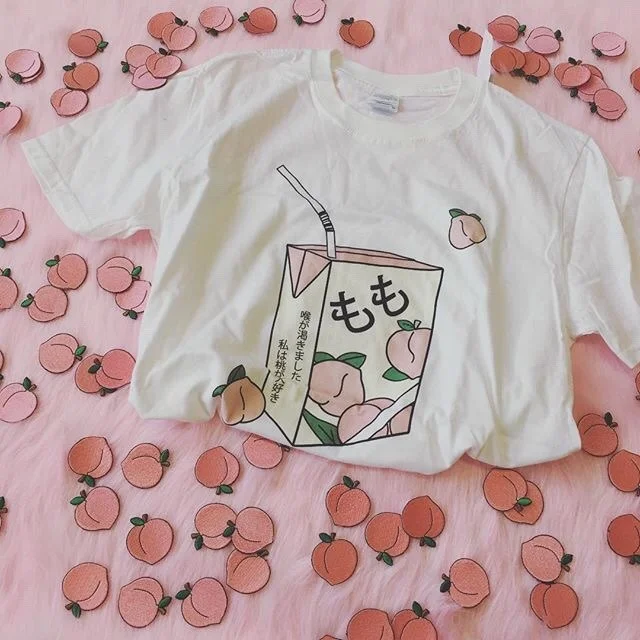 Фото hahayule Peach Juice Japanses Aesthetic Grunge T-Shirt Women Girls 90s Kawaii White Tee Summer Casual Tumblr Outfit | Женская одежда