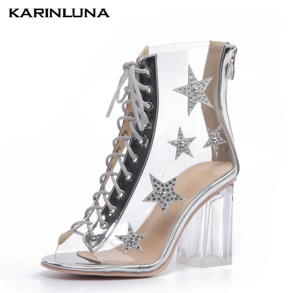 women ladies chunky high heels summer boots peep toe crystal PVC Cross-strap shoes woman sexy party women shoes female
women ladies chunky high heels summer boots peep toe crystal PVC Cross-strap shoes woman sexy party women shoes female
