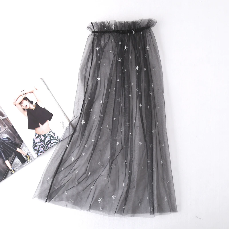 Women Spring Summer Sexy Stars Embroidery Mesh Skirt Fashion Single-layer Perspective Tulle Mesh Transparent Lace Long skirt
Women Spring Summer Sexy Stars Embroidery Mesh Skirt Fashion Single-layer Perspective Tulle Mesh Transparent Lace Long skirt