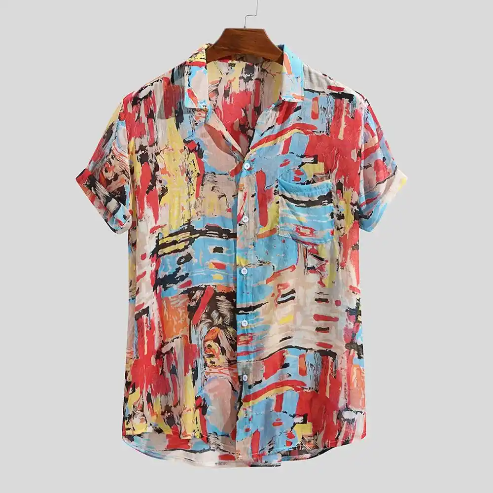 mens floral printing ethnic style cotton shirts short sleeve loose casual shirt tops