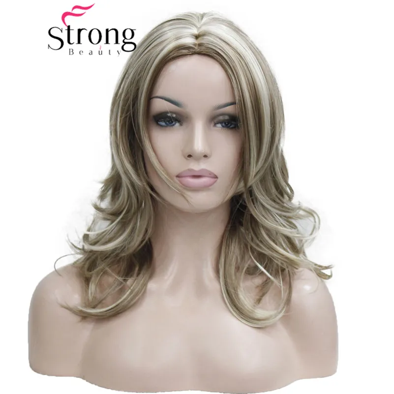 

StrongBeauty Medium Honey Ash Blonde Highlighted No Bangs,Center Part Full Synthetic Wig Women's Wigs