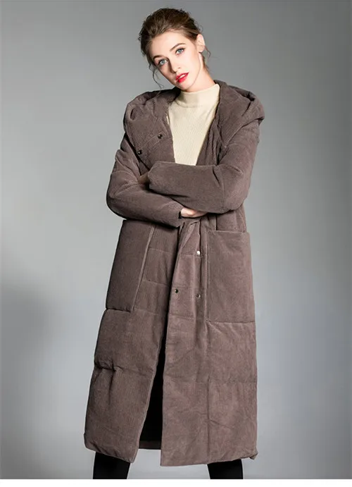 Winter New Down Jacket Corduroy Long White Duck Down Ms Jackets Thick Warm Overcoat Korean Brand Coat female Hooded Big Pocket (7)